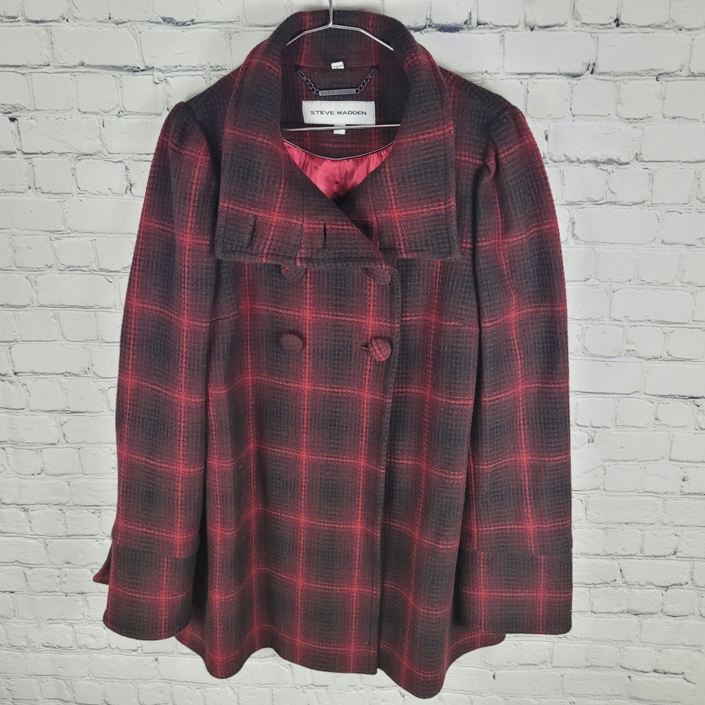 STEVE MADDEN | wool blend double breasted plaid pleated back peacoat